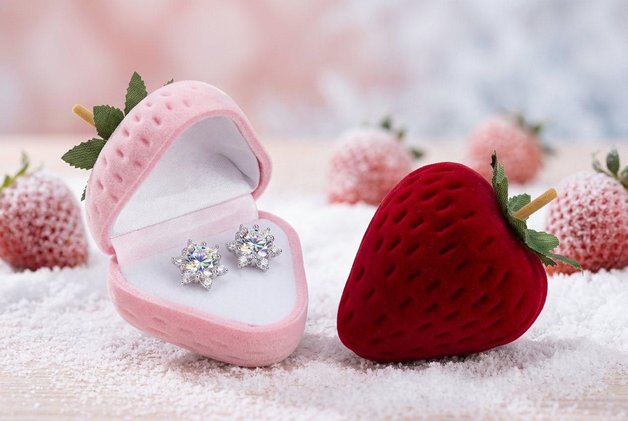 Silver snowflake earrings in a pink strawberry-shaped jewelry box among frosted strawberries